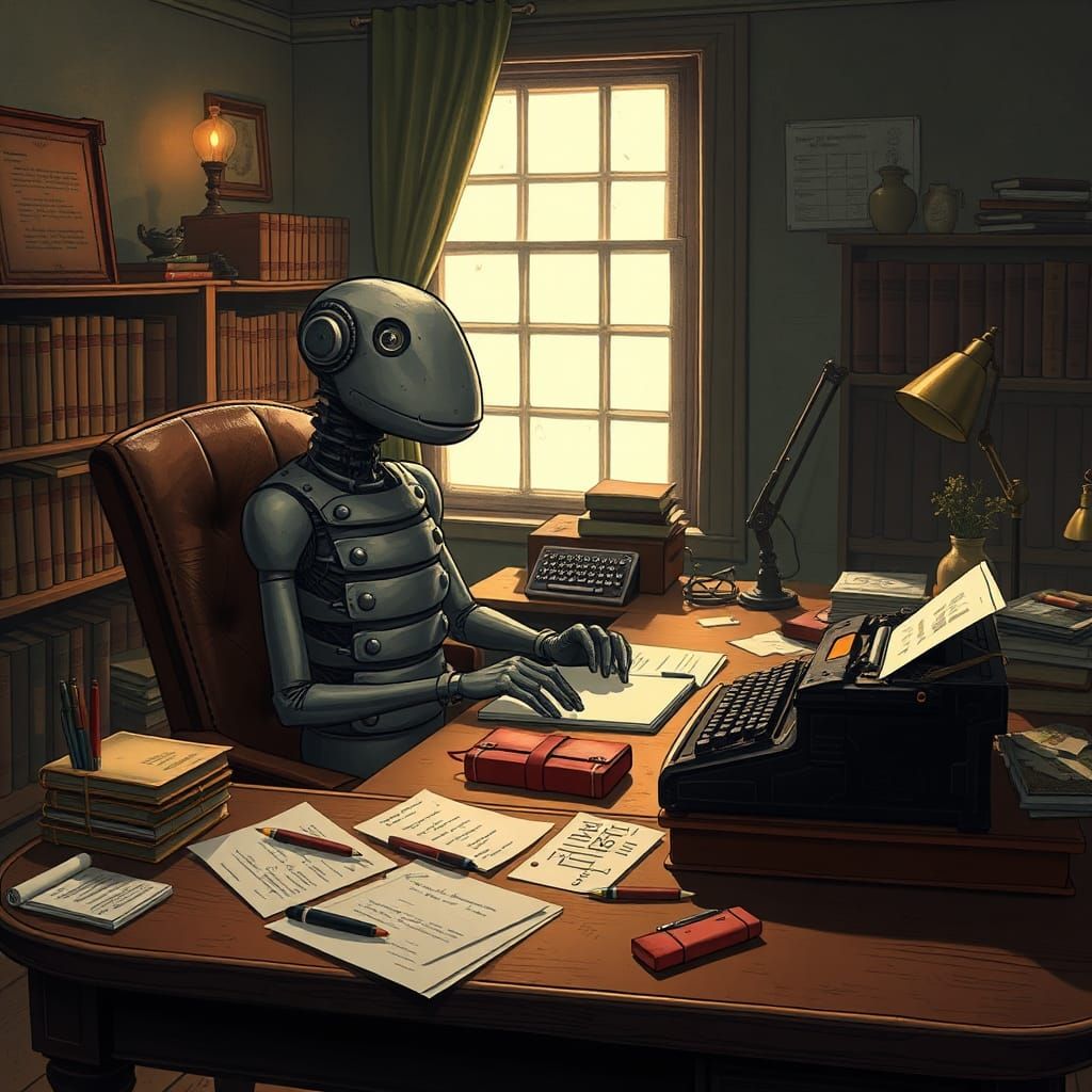 AI Model in Cozy Study, Syd Mead Style