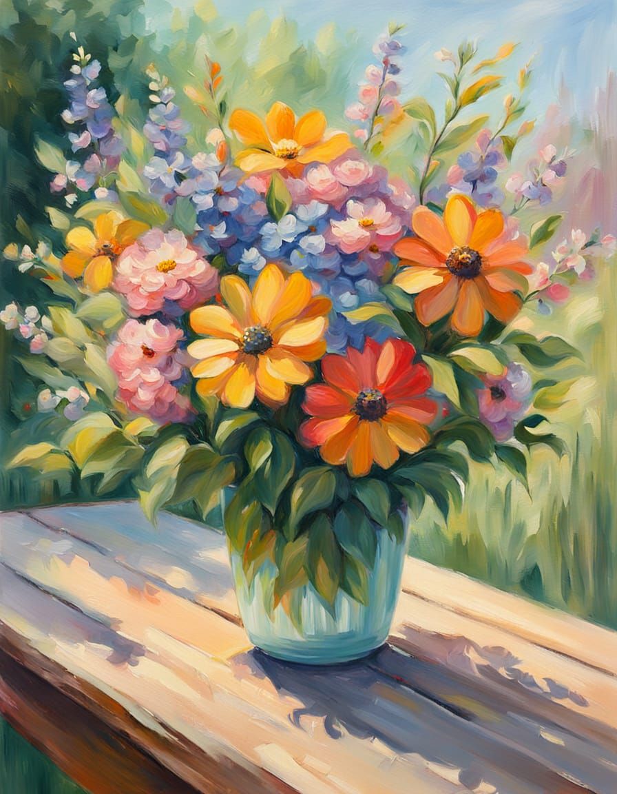 Vibrant Summer Garden Scene in Impressionist Oil Painting