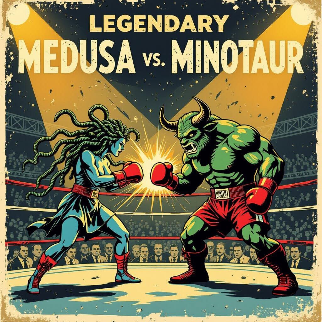 Medusa vs. Minotaur: Vintage Boxing Match Poster