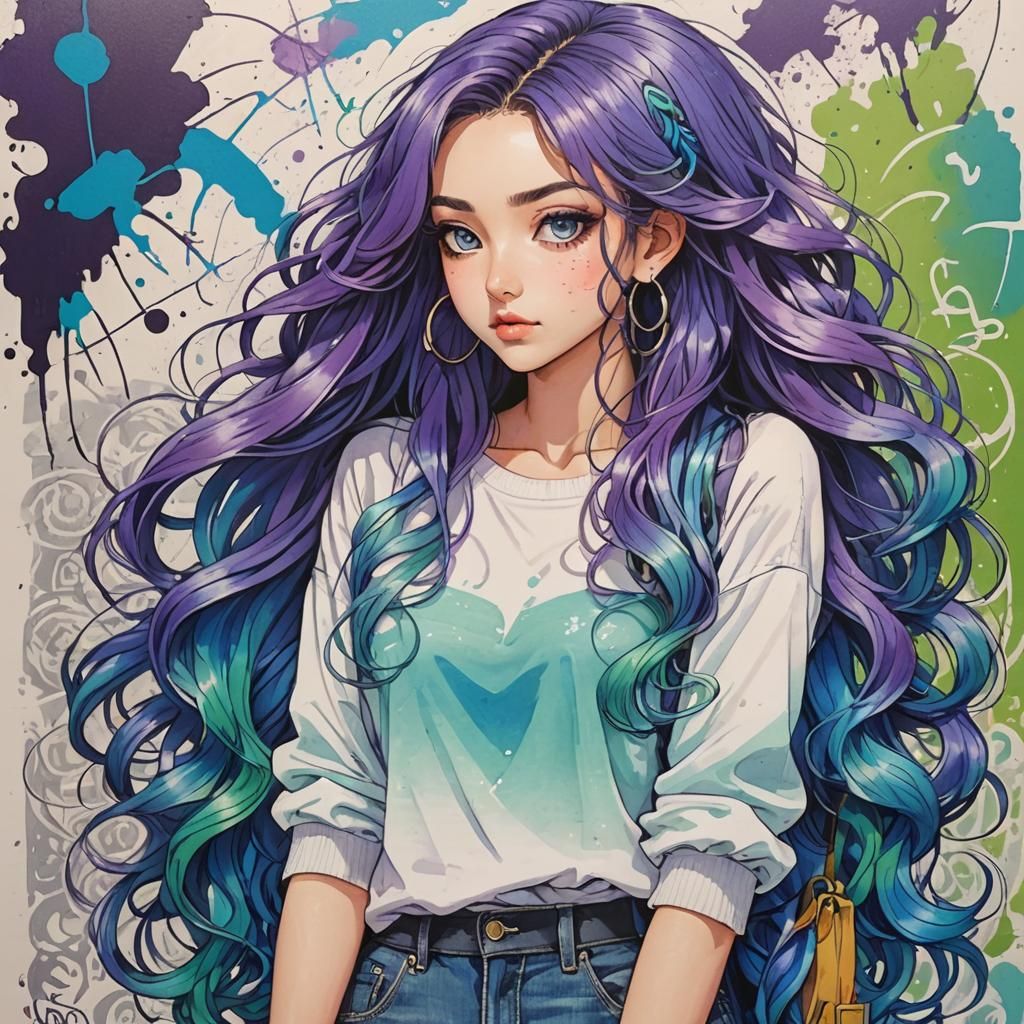 Anime Girl with Purple Hair in Graffiti Art