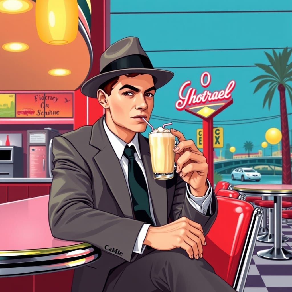 Retro Cafe Scene in 1950s Americana Style