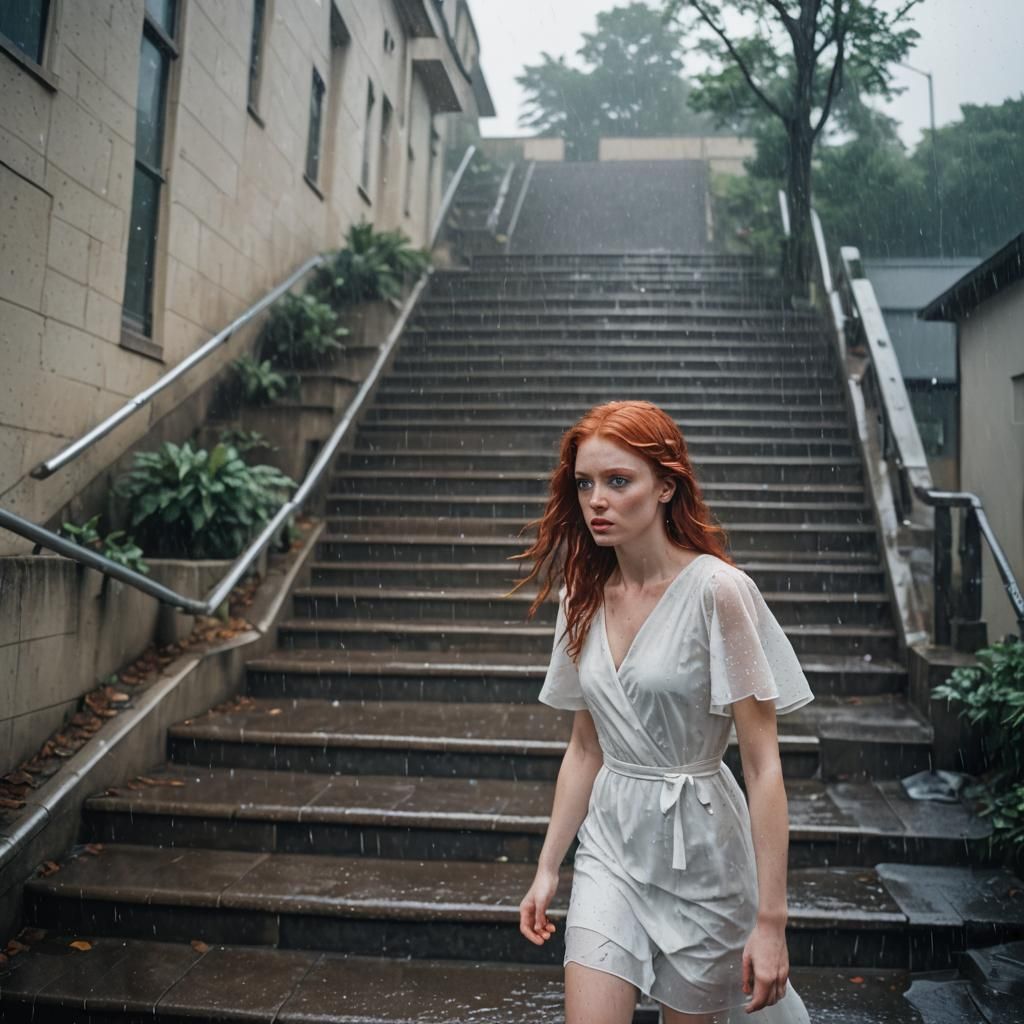 Teen Girl in White Dress Walking in Rain