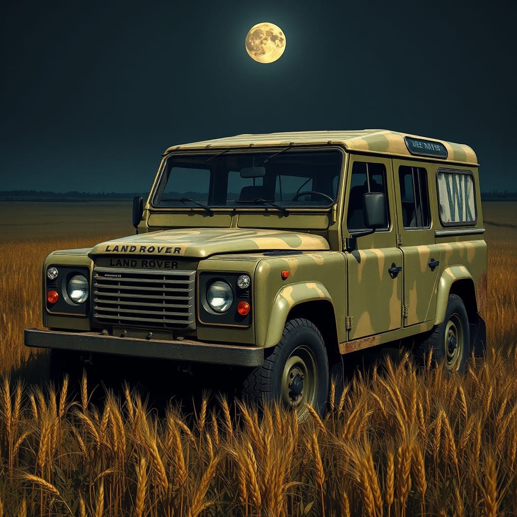 Weathered British Army Land Rover in Camouflage, Golden Whea...