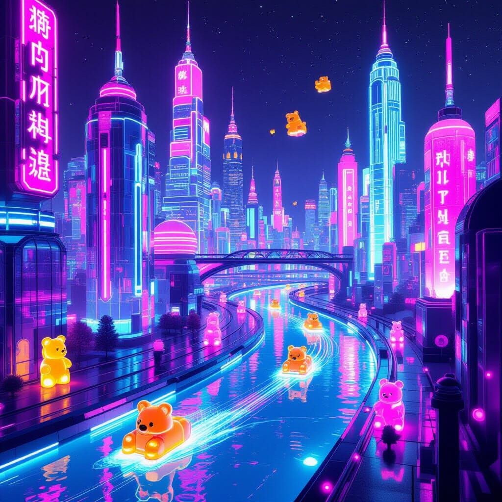 Cyberpunk Candy Metropolis with Gummy Bear Vehicles