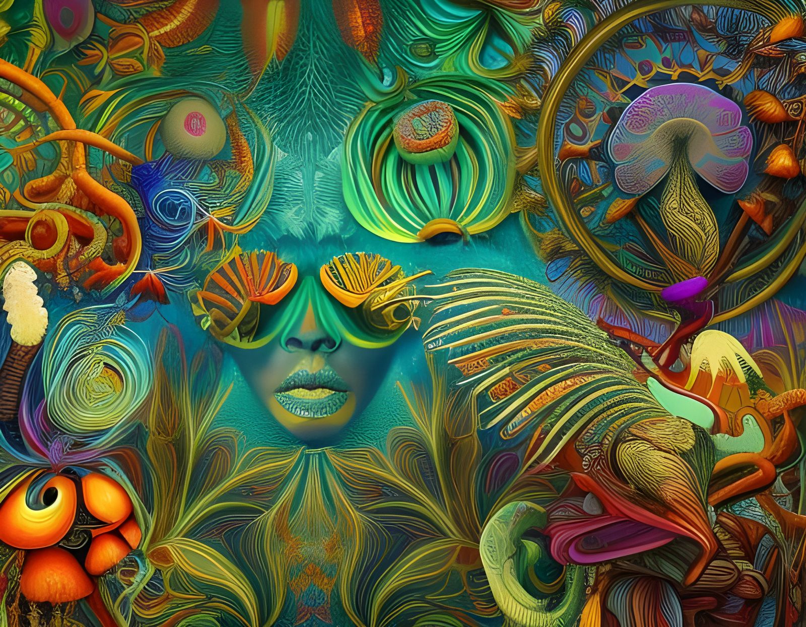 Psychedelic Scene with Fractal Patterns and Exotic Flora