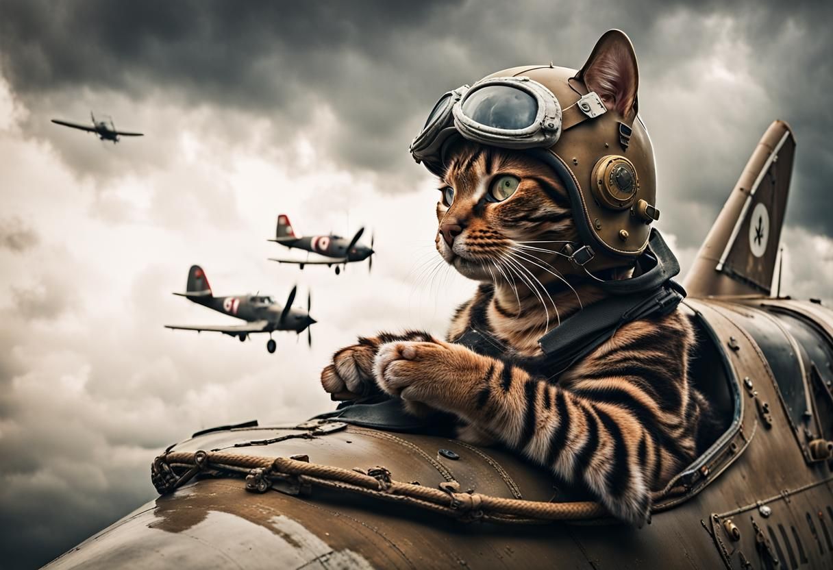 Bengal Cat Pilot in WWII Plane: Hyperrealistic Portrait