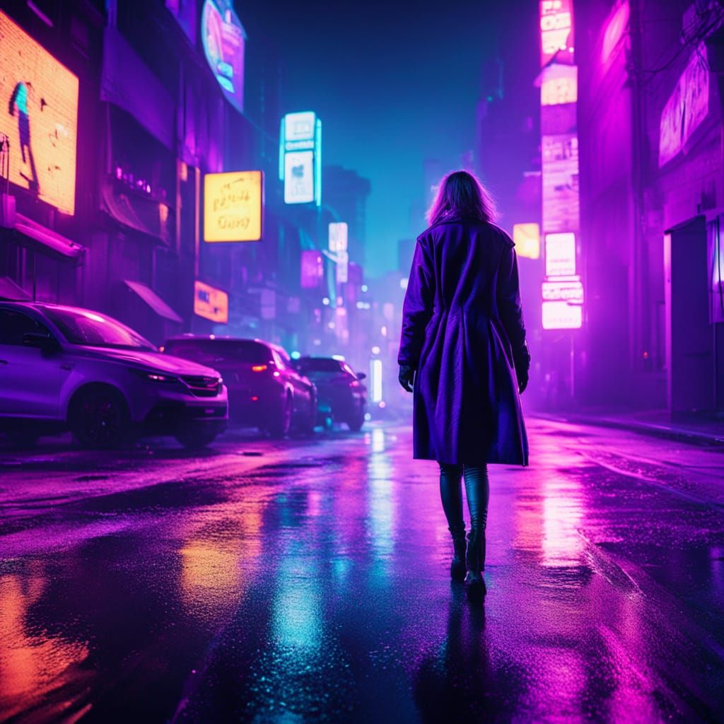 Gothic Pop Art Woman Walks Through Dark City Night