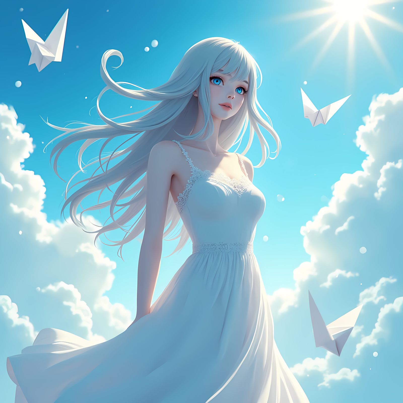 Anime Woman Soars Amidst Paper Airplanes and Blue Skies
