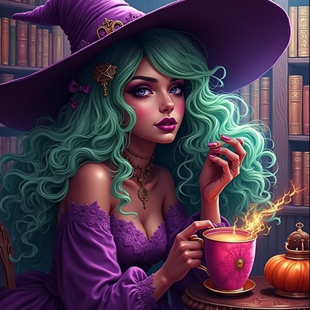 Gothic Fantasy Witch in Mystical Speakeasy Library