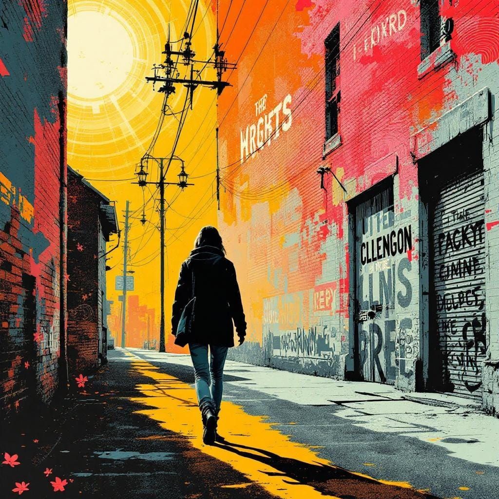 Textured Figure Walking Down Quiet Street