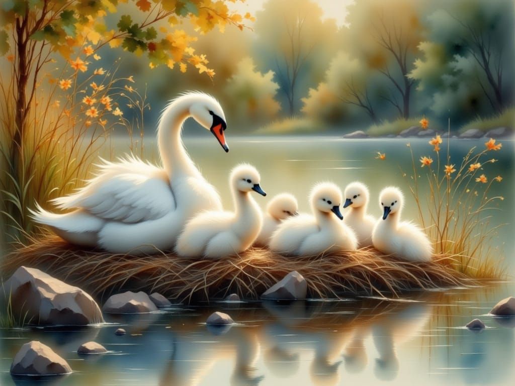 Watercolor Swans Family at Sunrise Cove