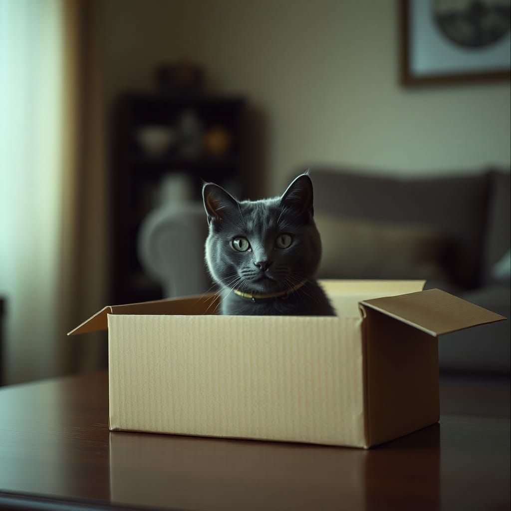Gray Cat Peeking from Box: Cinematic Film Still