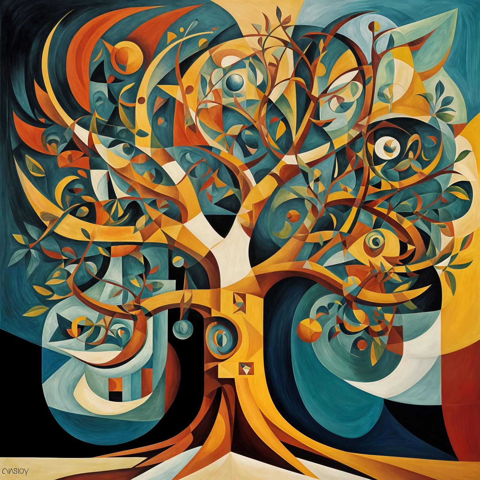 Vibrant Cubist Tree of Life with Geometric Shapes and Golden...