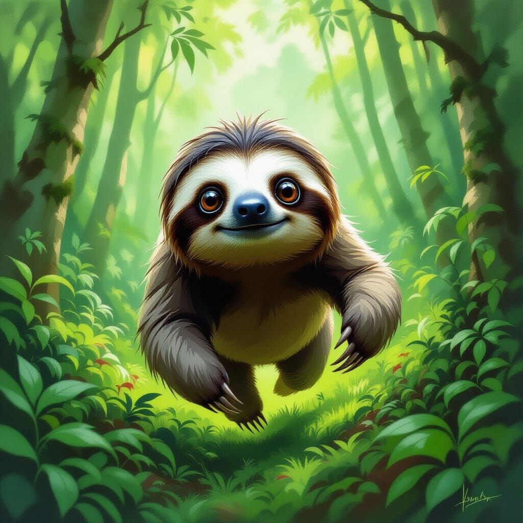 Whimsical Sloth Running in Vibrant Forest Painting