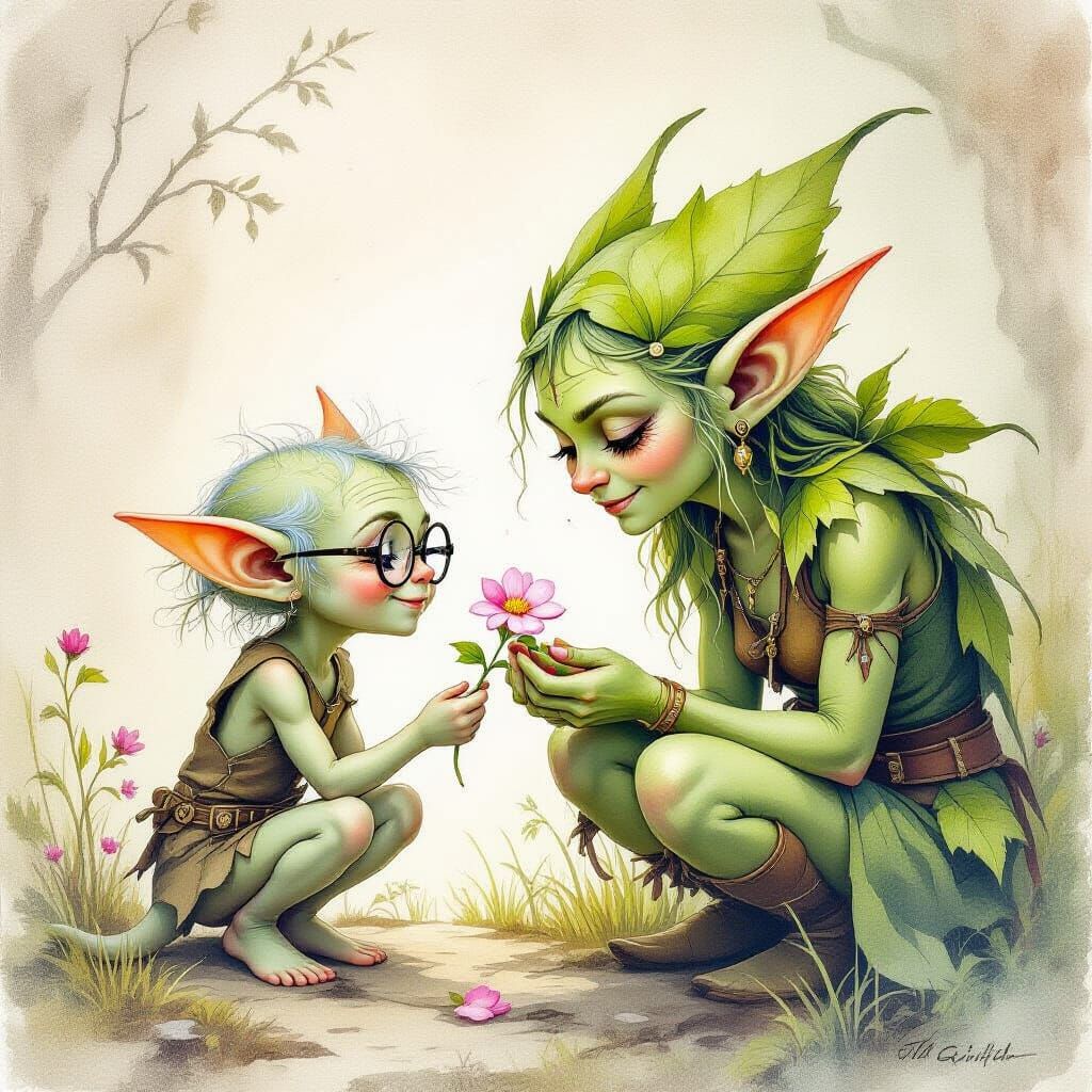 Timid Goblin Offers Blossom in Dreamy Watercolour