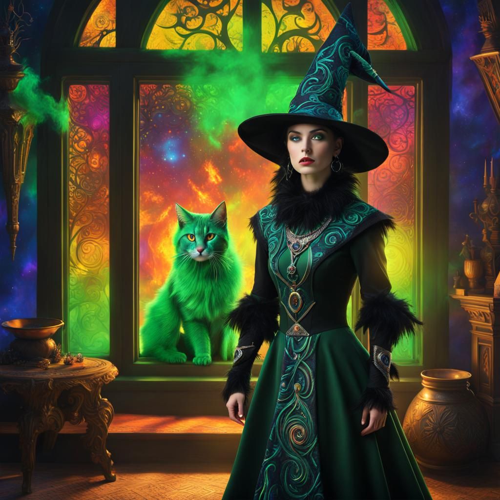 Feline Witch in Cozy Fantasy House with Nebula