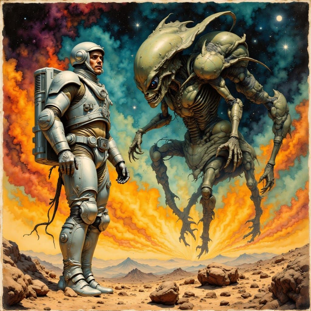Vintage Sci-Fi Pulp Cover: Astronaut Battles Alien