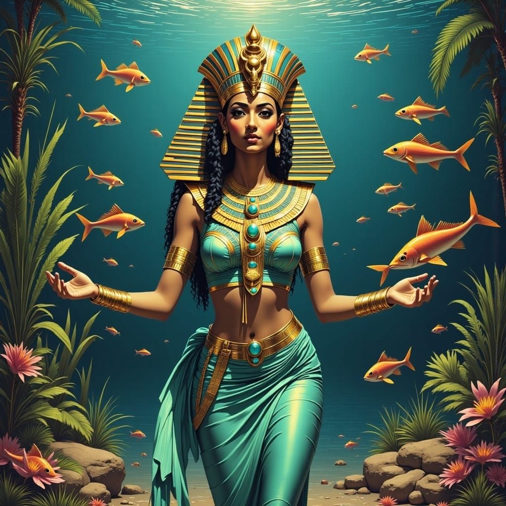 Mermaid Choreographing Honey Gouramis in Synth-Wave Style