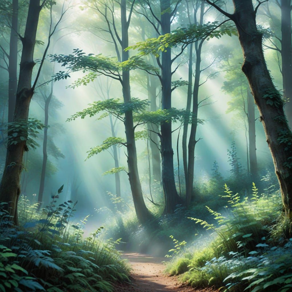 Ethereal Forest Scene with Dappled Sunlight in Watercolor