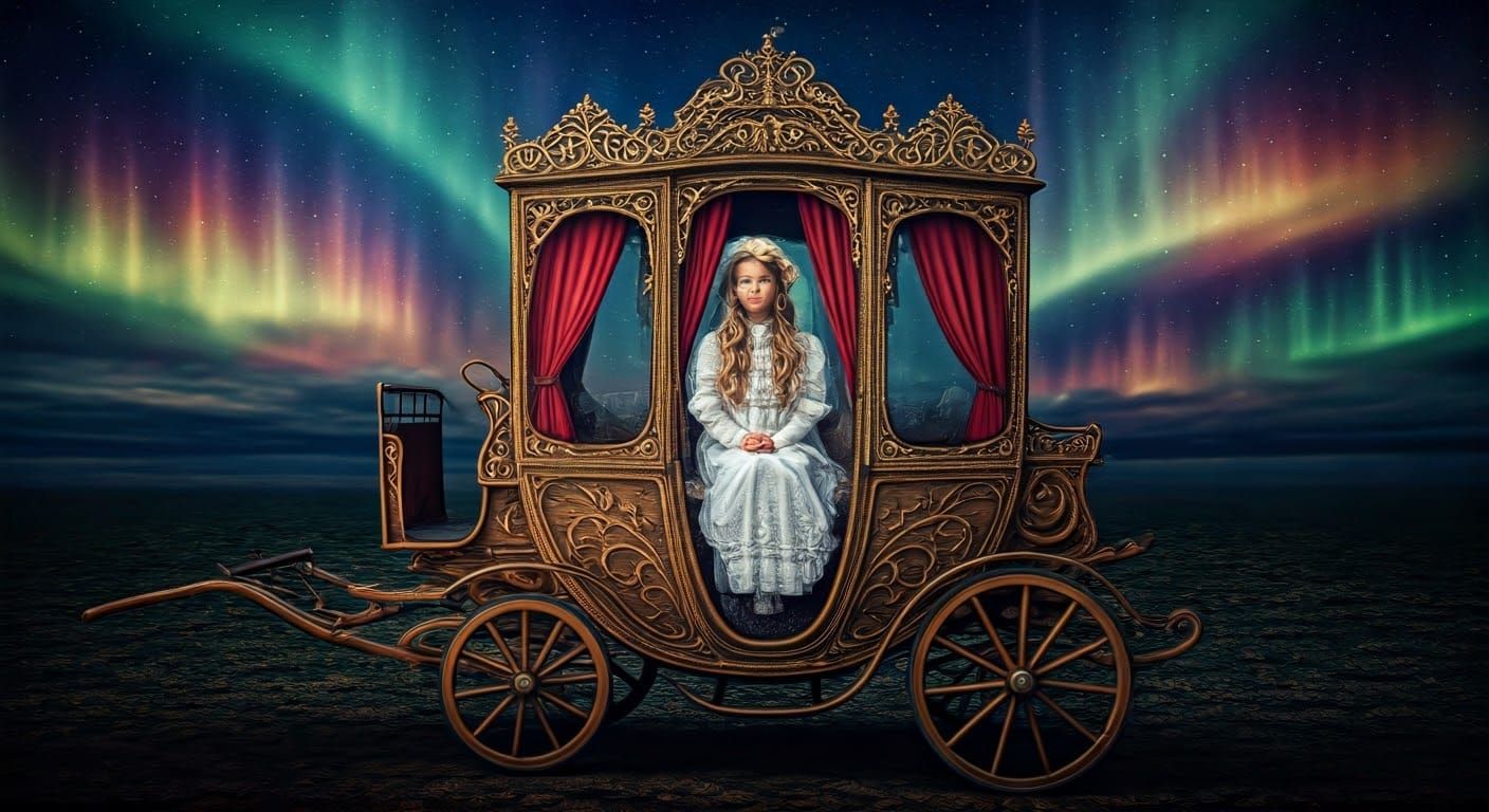 Victorian Girl in Golden Carriage, Mystical Illustration