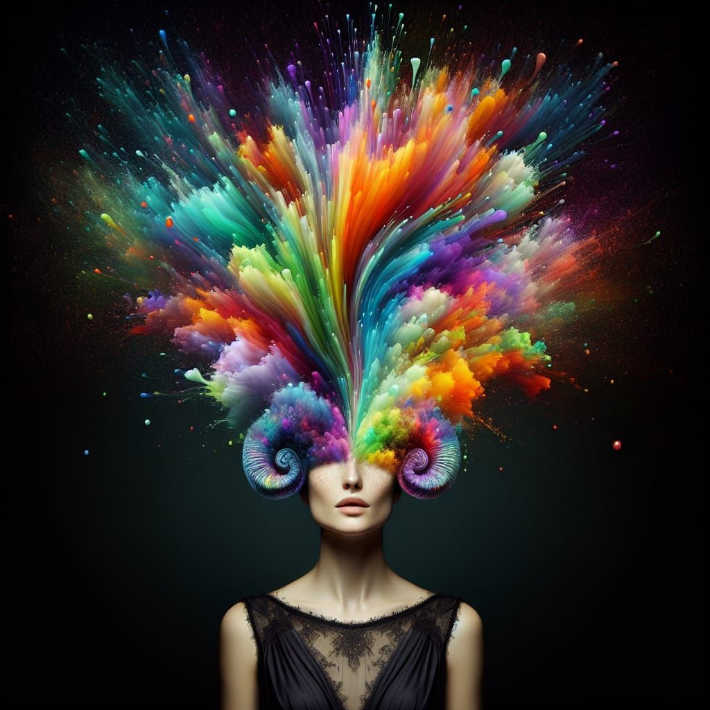 Abstract Rainbow Explosion Woman in Dark Dress