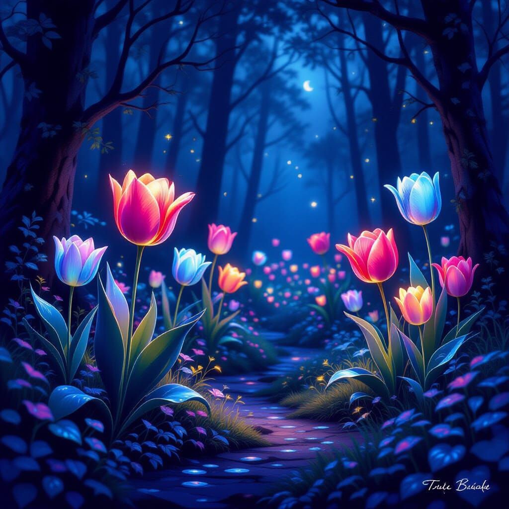 Magical Glowing Tulips in Enchanted Forest Night