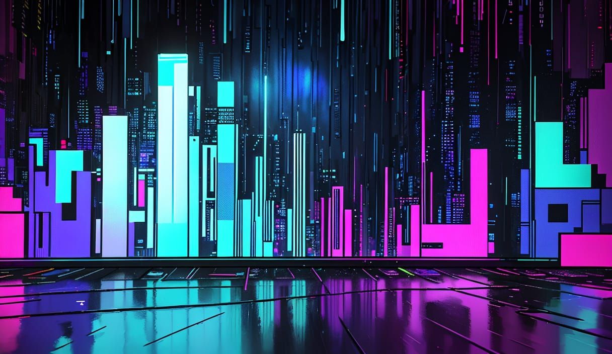 Futuristic Cityscape with Neon Lights in Pixel Art Style