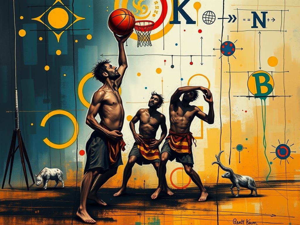 Abstract Expressionist Basketball Game with Mythical Element...