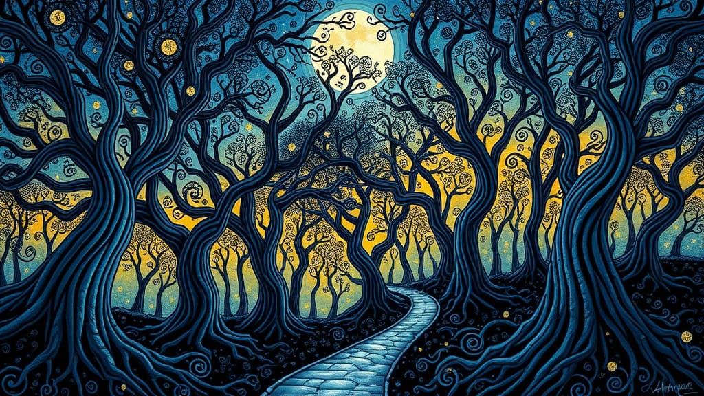 Ethereal Moonlit Forest in Vibrant Impasto Style