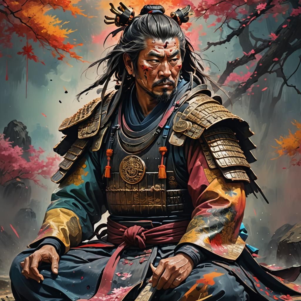 Meditating Samurai in Hyperrealistic Splash Art