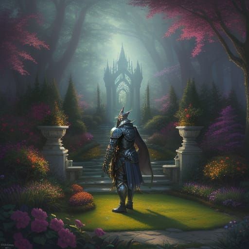 Knight Wakes in Enchanted Autumn Garden with Wolf