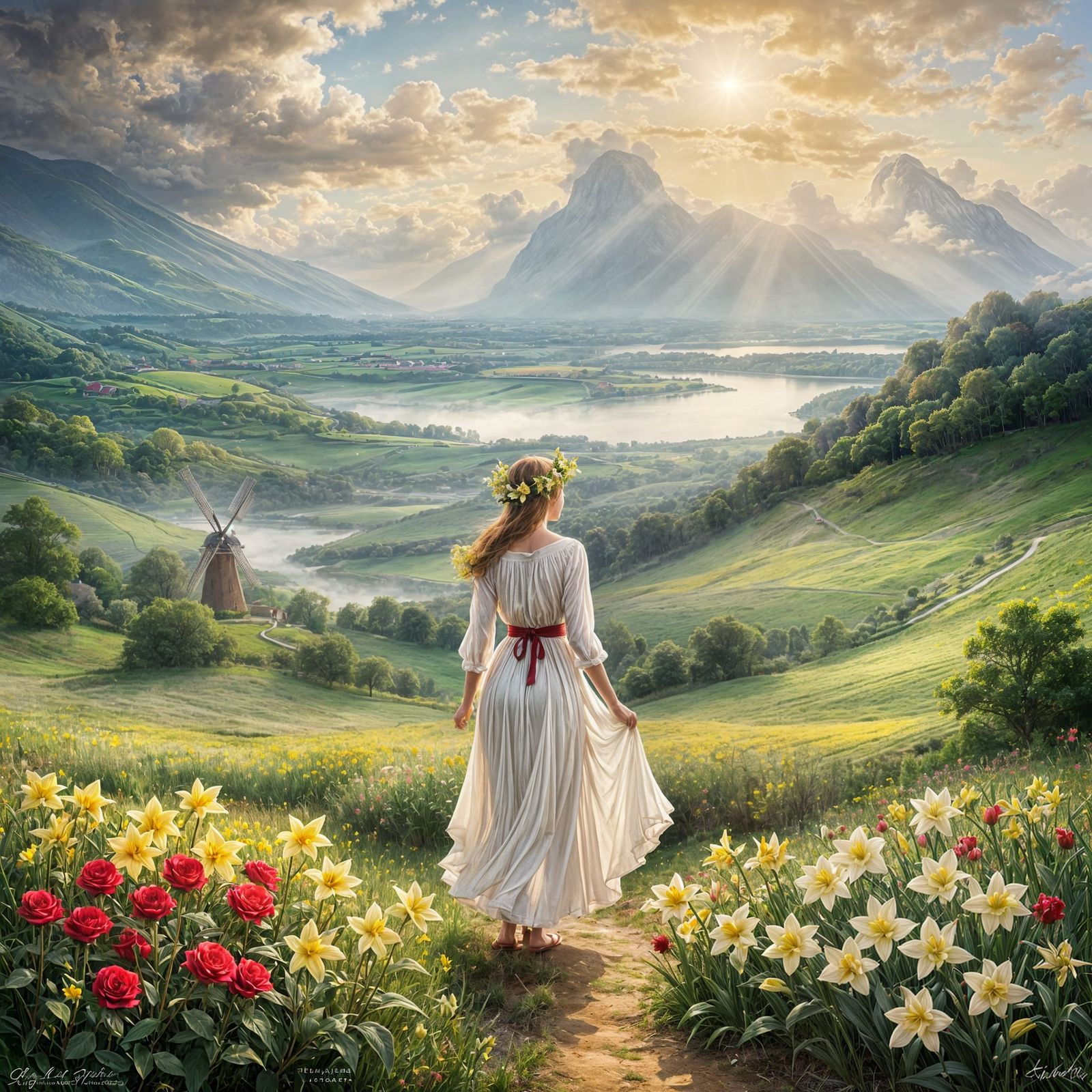 Idyllic Countryside Scene with Windmill and Vibrant Floral B...