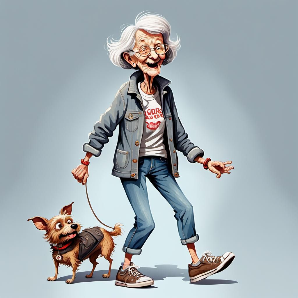 Whimsical Senior Lady and Dog Illustration
