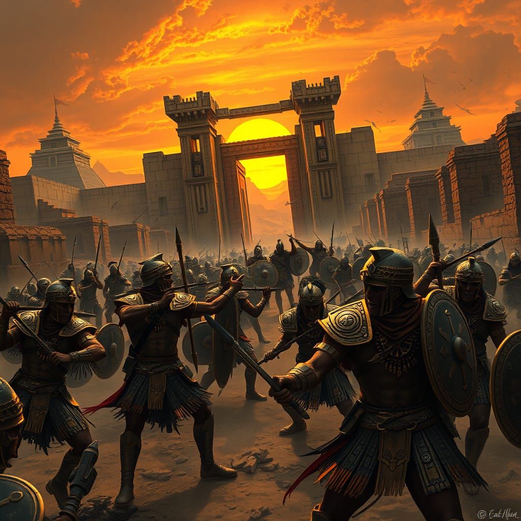 Babylonian Warriors Clash in Apocalyptic Sunset