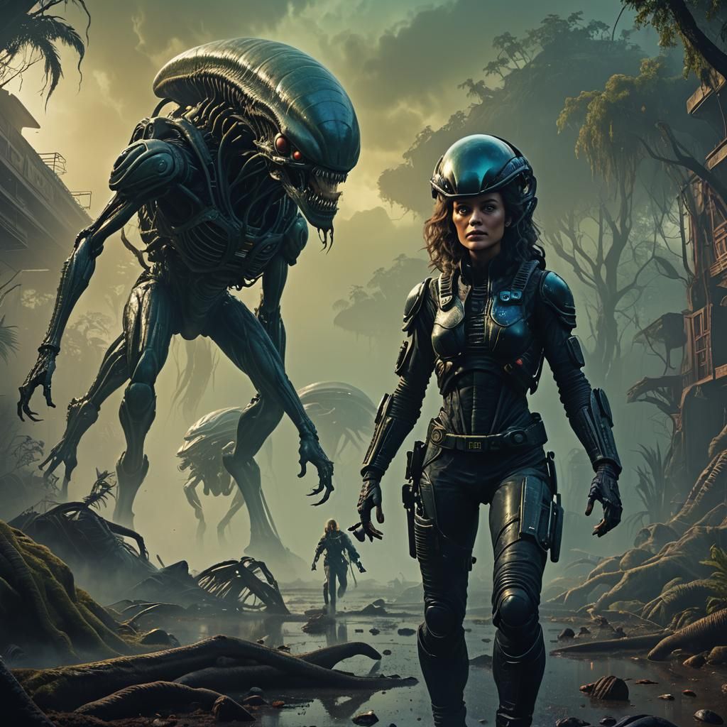 Alien and Model in 80s Pulp Art Style