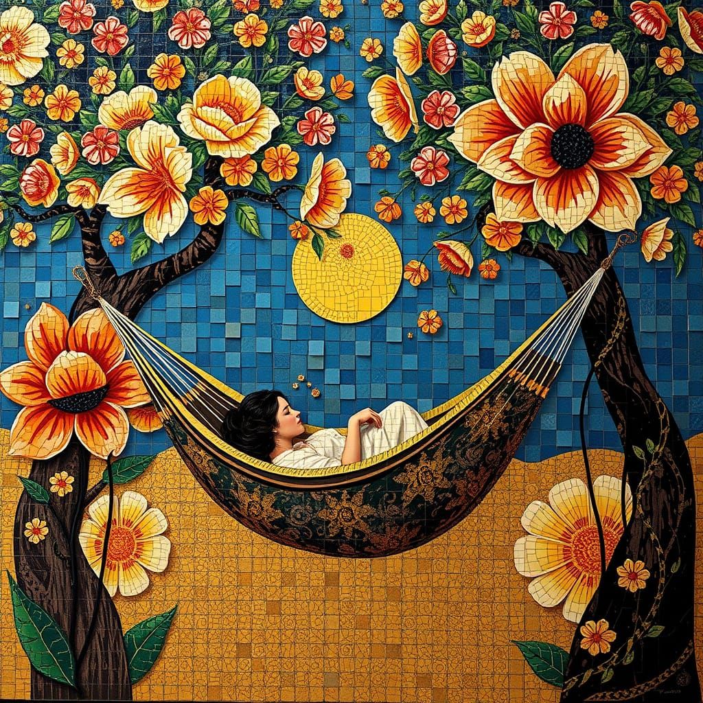 Woman Sleeping in Hammock Amidst Blooming Flowers, Klimt-Ins...