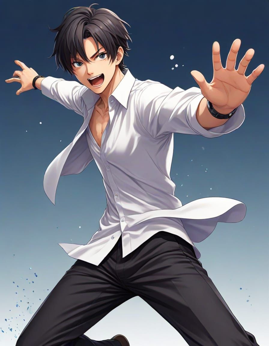 Anime Man in Dynamic Dodge Pose, Japanese Manga Style