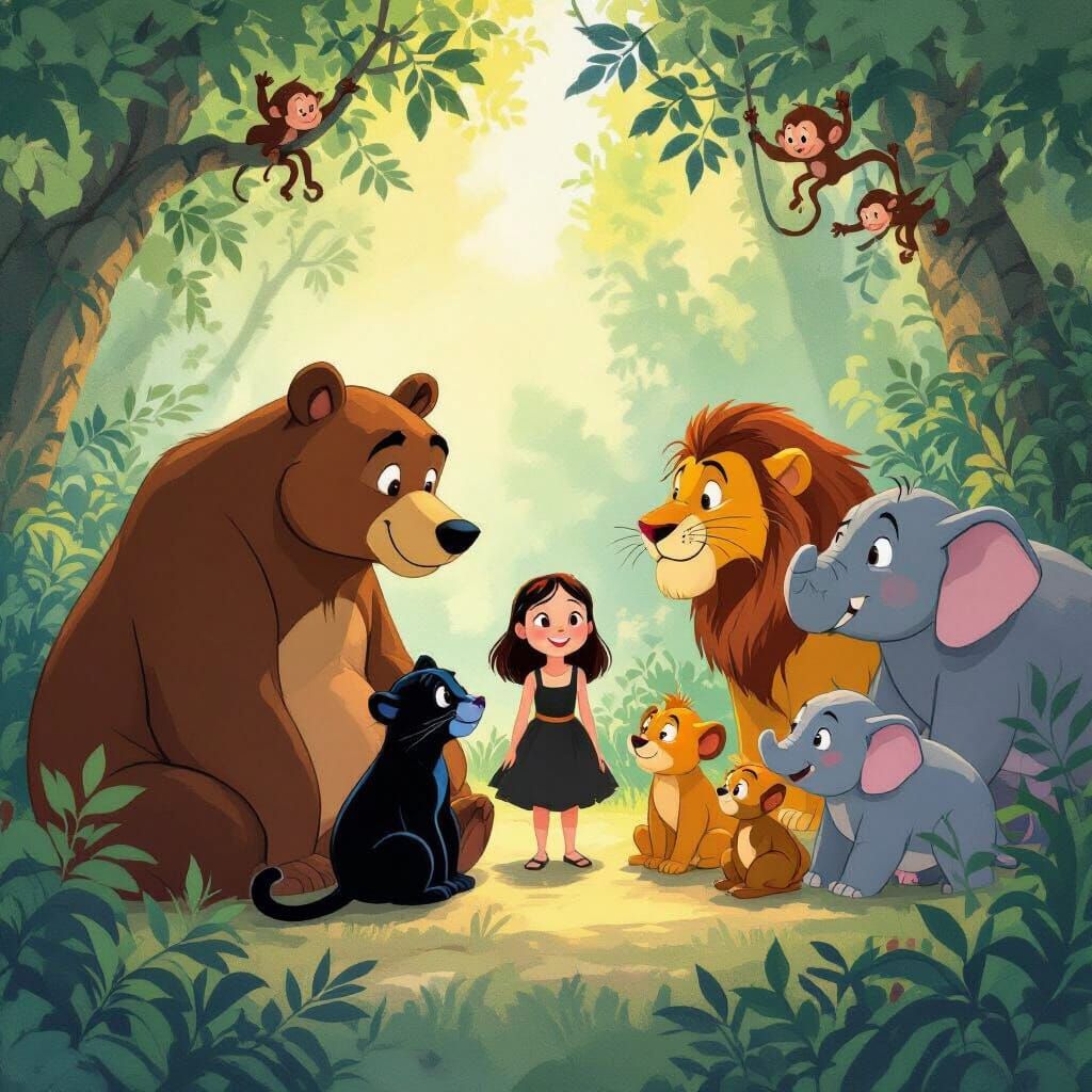 Jungle Book Characters Gathered with Girl in Storybook Style
