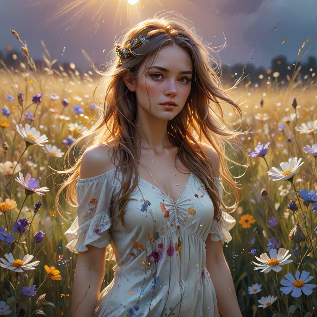 Ethereal Girl in Flower Field: Luminous Watercolor Splash Ar...