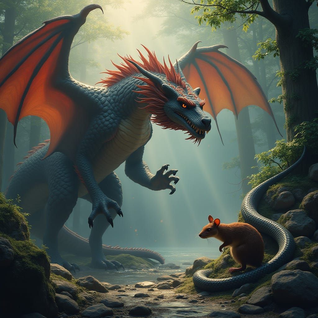 Majestic Dragon, Snake, and Rat in Fantastical Realm