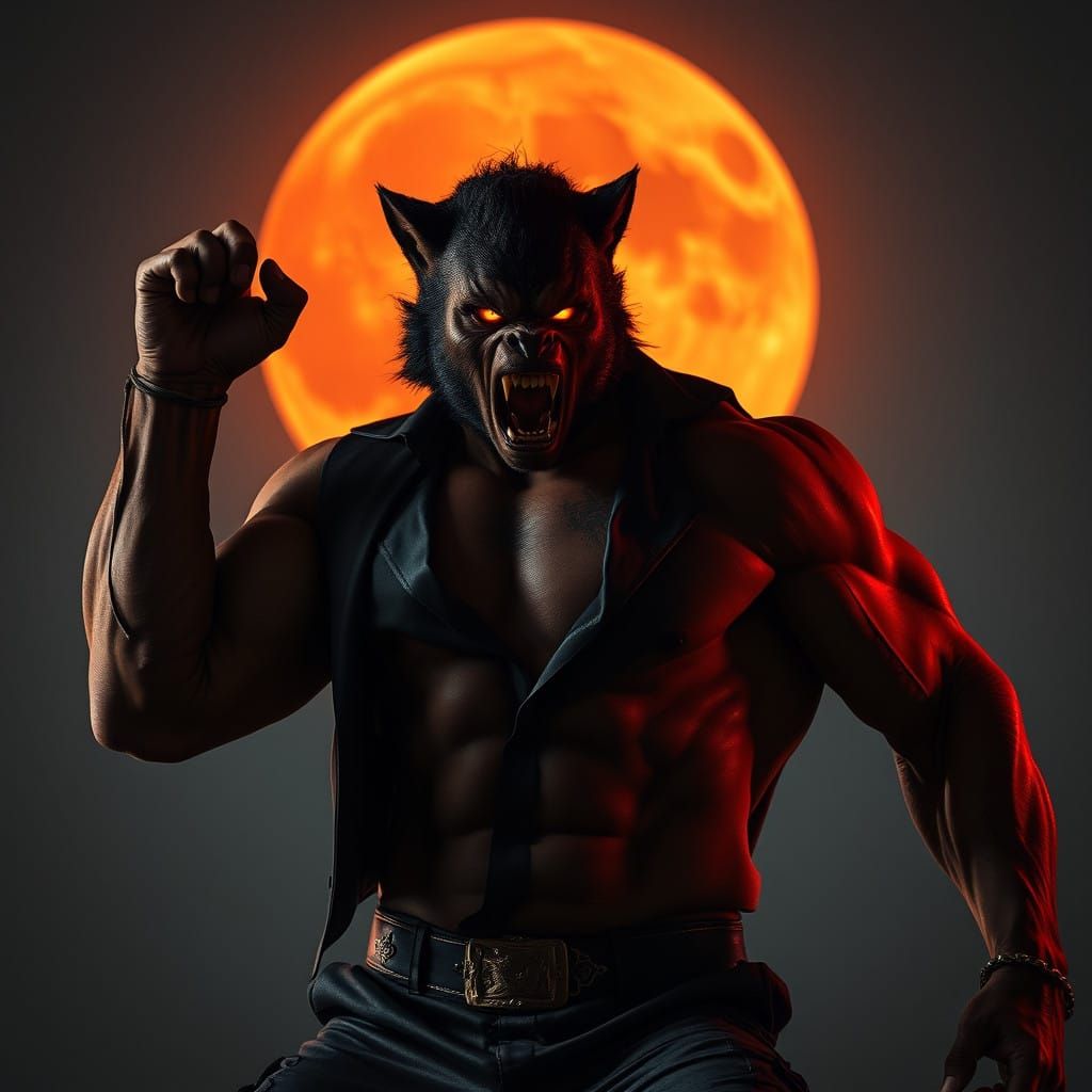 Gritty, Noir-Inspired Bodybuilder Werewolf Under Full Moon