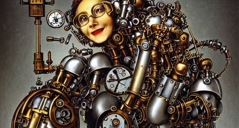 Steampunk Clockwork Librarian Mecha in Library