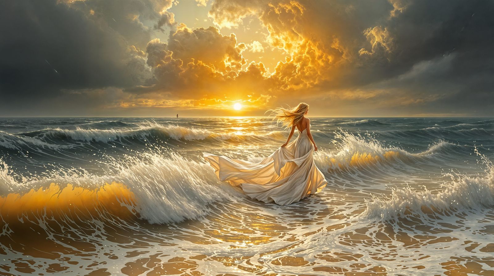 Majestic Bride Walks Stormy Golden Ocean in Hyperrealistic P...