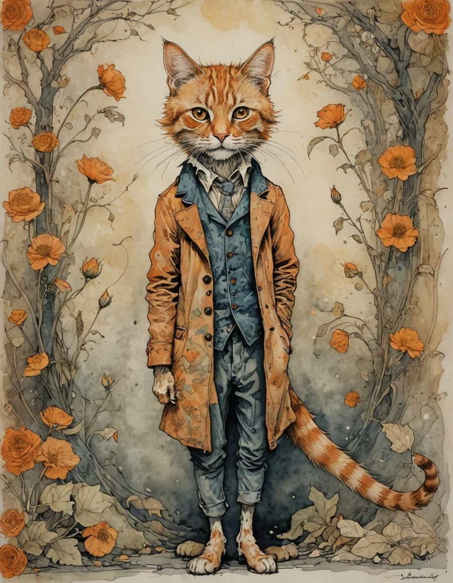 Orange Tabby Cat Portrait in Art Nouveau Style