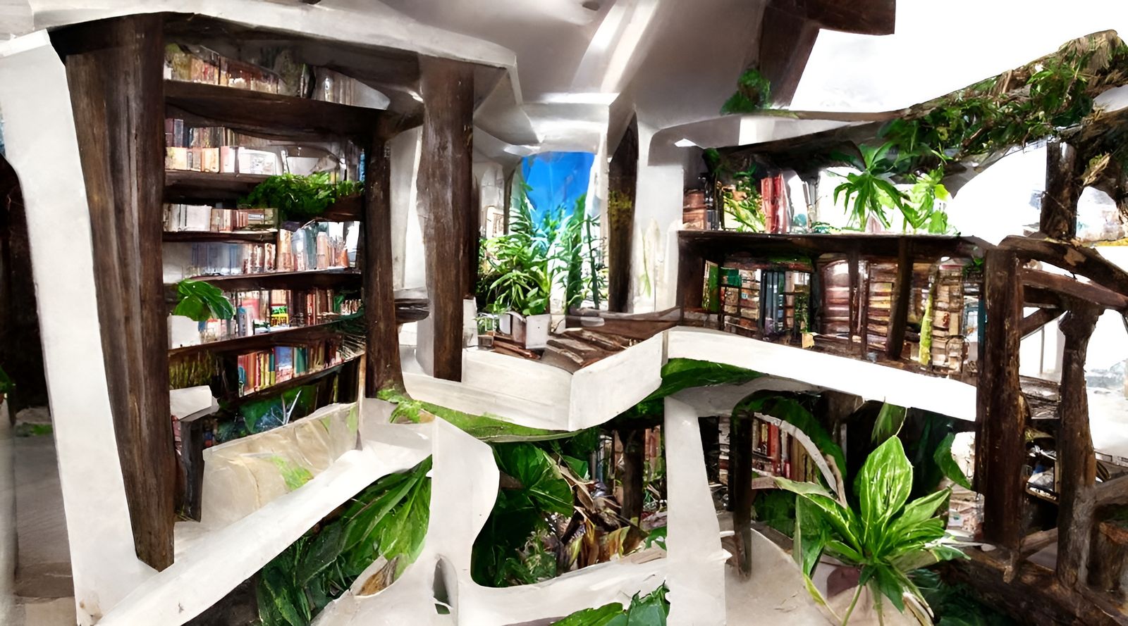 Lush Jungle Bookstore Interior in Photorealistic Style