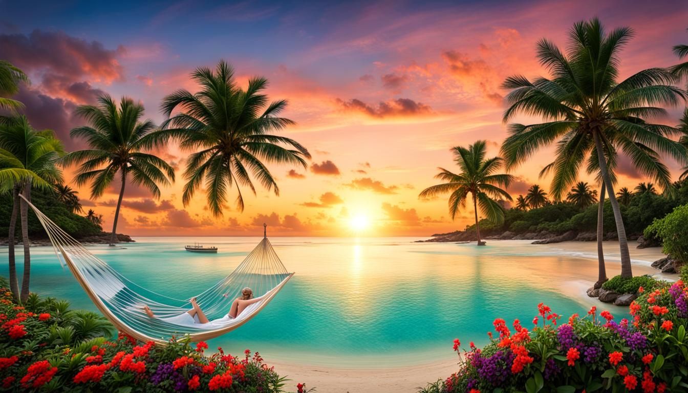 Tropical Island Sunset with Vibrant Landscape