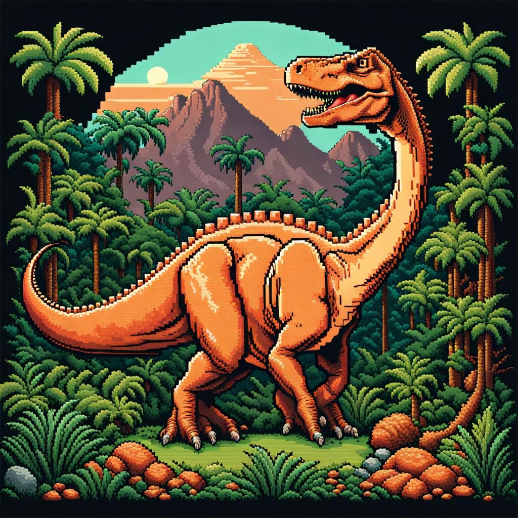 Dinosaur Nesting in 16-Bit Pixel Art Style
