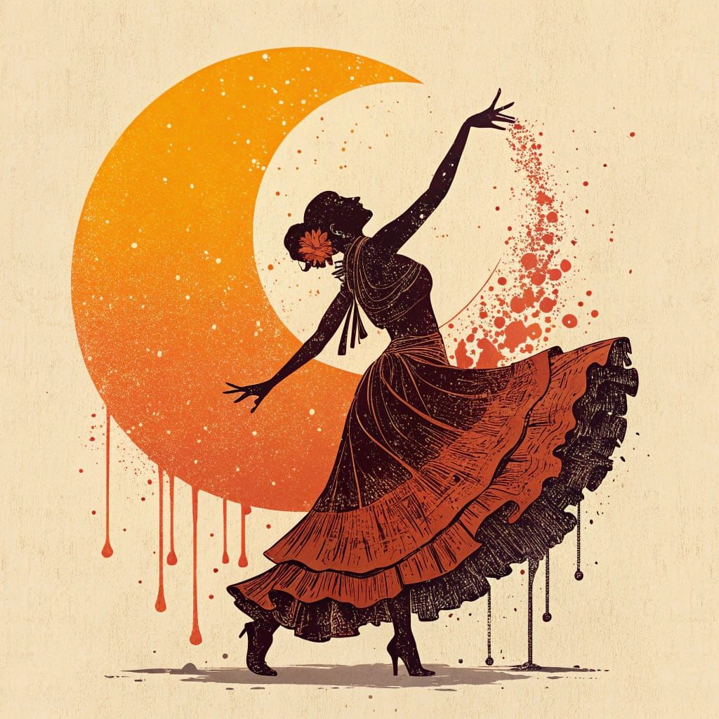 Grunge Silhouette of Flamenco Dancer in Vibrant Orange Disc
