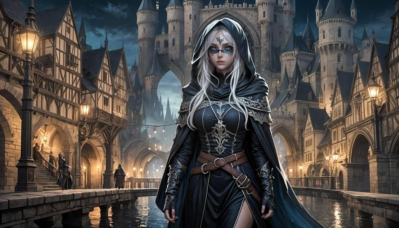 Rogue Girl on Bridge in Anime Fantasy City