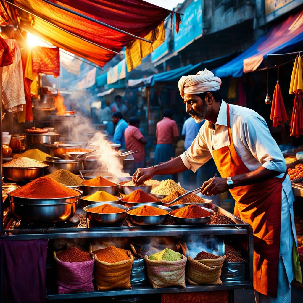 Vibrant Indian Street Food Vendor, Hyperrealistic Concept Ar...